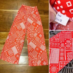 Vintage 1960s 1970s Red White Western Bandana Patchwork Print Wide Pants Sz XXS